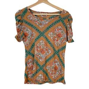 Plume & Thread Floral Ruched Puff Sleeve Shirt Top Blouse 0 XS Extra Small